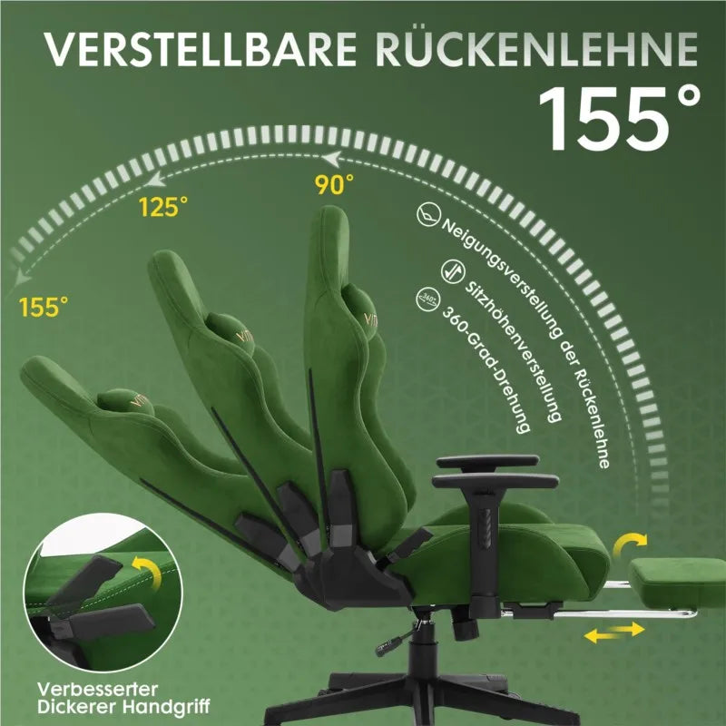 Ergonomische Bureaustoel – Gaming Stoel – Office Chair – Desk Chair – Computerstoel – Verstelbare Rugleuning – Ademend Suède Bekleding – Groene Kleur – Met Voetensteun - QUORE