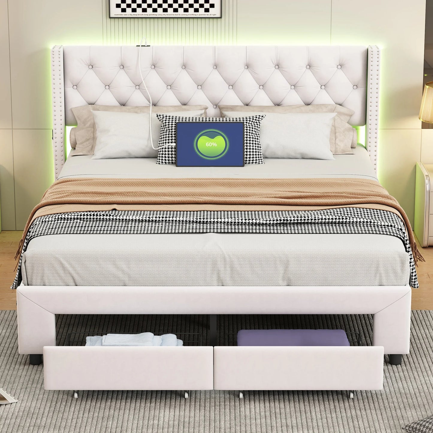 Velvet Bed – Fluwelen Bed – Modern Bed – Slaapkamer Bed – LED-Verlichting – Opbergruimte – Stevig Hout