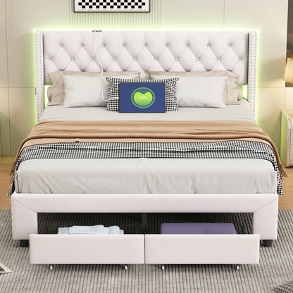 Velvet Bed – Fluwelen Bed – Modern Bed – Slaapkamer Bed – LED-Verlichting – Opbergruimte – Stevig Hout