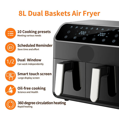 Digitale Airfryer - PFAS vrij - Groot 8 Liter - 2000W - Heteluchtfriteuse - Zwart - Digital screen - 6 Voorinstellingen - Inclusief in hoogte verstelbaar Grillrack - Elektrische friteuse - Intelligente elektrische oven zonder olierook