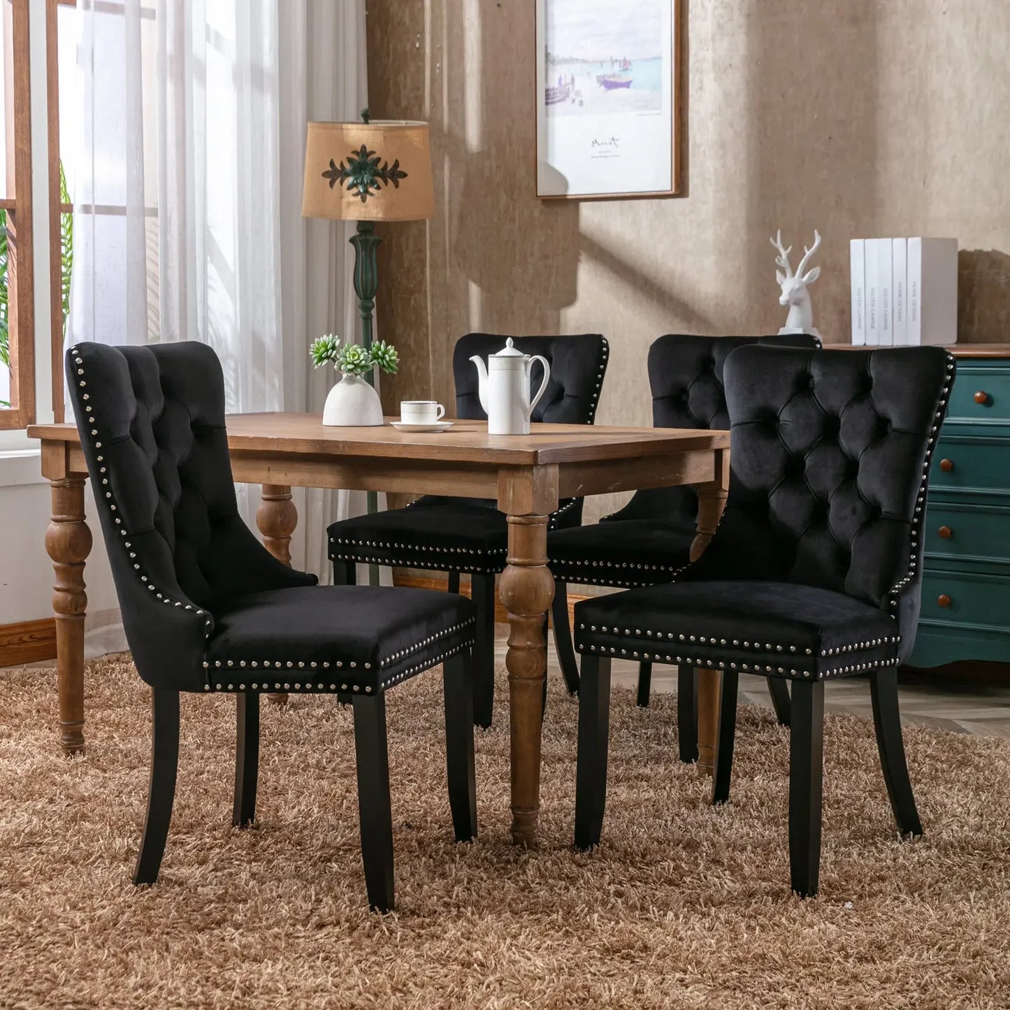 Elegant, High-End Tufted Solid Wood Dining Chairs with Velvet Upholstery, Wood Legs, and Nailhead Trim - 2-Piece Set, Black