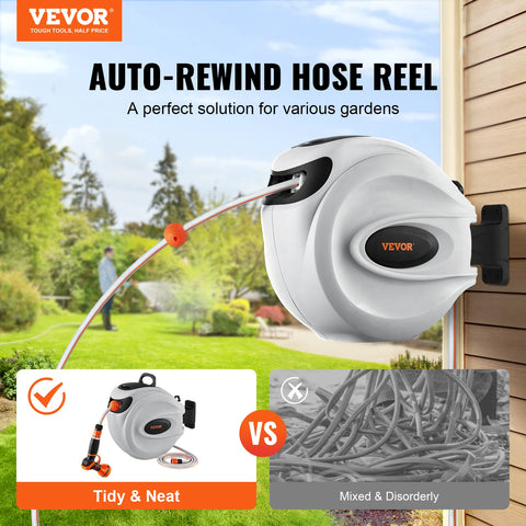 Vevor - Air Hose - Retractable Hose Reel - 1/2 Inch 180° Swivel Bracket Wall Mounted Garden Water Hose Reel with 9 Pattern Nozzle and 3 Fast - 35m - White