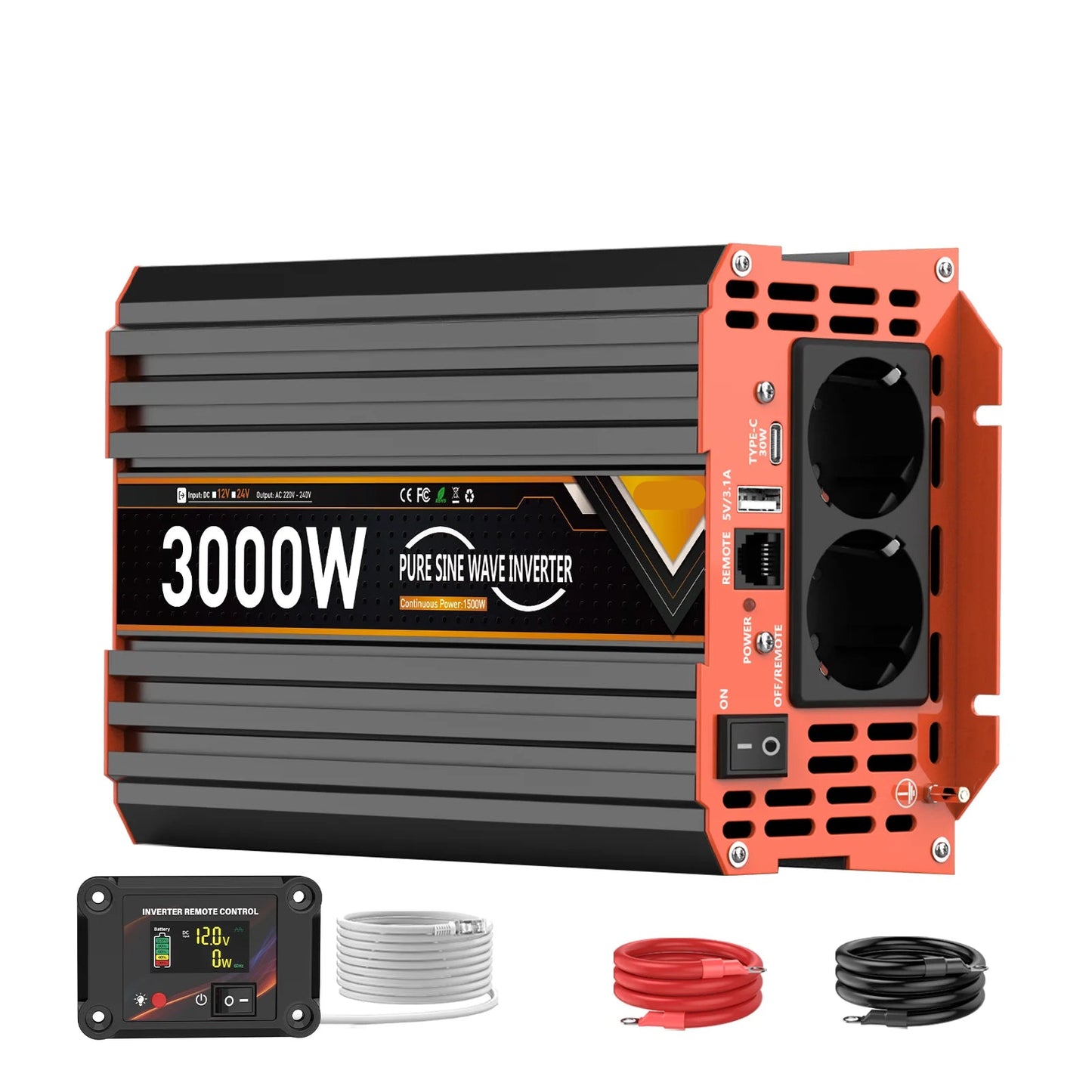 Omvormer – Spanningsomzetter – Stroomomzetter – Converter – Zuivere Sinusgolf – 3000W Continu Vermogen – Aluminium Behuizing - 12V