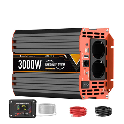 Omvormer – Spanningsomzetter – Stroomomzetter – Converter – Zuivere Sinusgolf – 3000W Continu Vermogen – Aluminium Behuizing - 12V