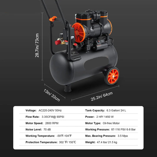 Stille Olievrije Luchtcompressor - Luchtcompressor - Luchtcompressor Bandenpomp - 70dB Geluidsarm - 6,3 Gallon - Draagbare - voor Banden - Spuitwerk - Gereedschap