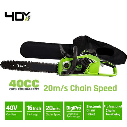 Accu Kettingzaag – Elektrische Zaag – Brushless Motor – 40V – 16-Inch Oregon Ketting – Auto-Oliëring – Elektrische Start