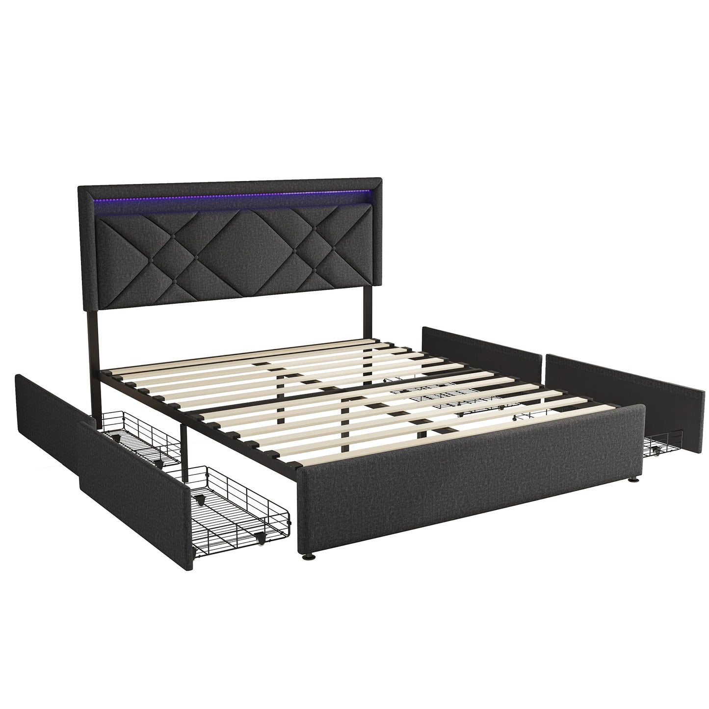 Comanlai 140x200cm/160x200cm Upholstered Bed with 4 Drawers,Headboard with USB Charging Port and LED Lighting,Double Bed,Linen