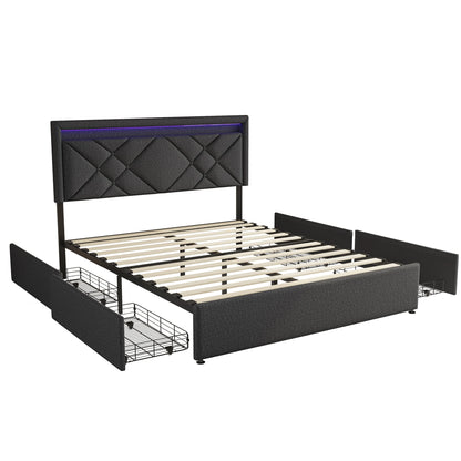 Comanlai 140x200cm/160x200cm Upholstered Bed with 4 Drawers,Headboard with USB Charging Port and LED Lighting,Double Bed,Linen