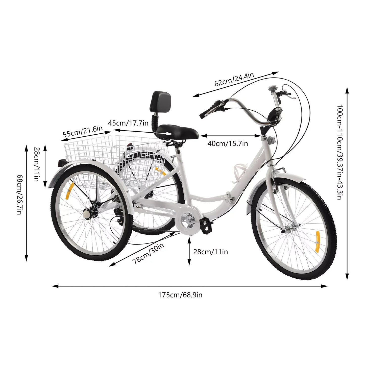 Volwassen Driewieler Fiets – Driewieler Voor Volwassenen – Stadsfiets – Comfortabele Driewieler – Vouwbare Fiets – Koolstofstaal Frame – LED Verlichting