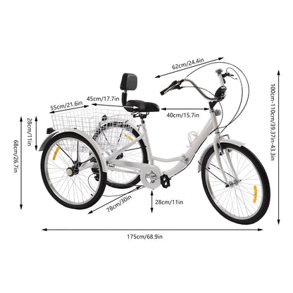 Volwassen Driewieler Fiets – Driewieler Voor Volwassenen – Stadsfiets – Comfortabele Driewieler – Vouwbare Fiets – Koolstofstaal Frame – LED Verlichting