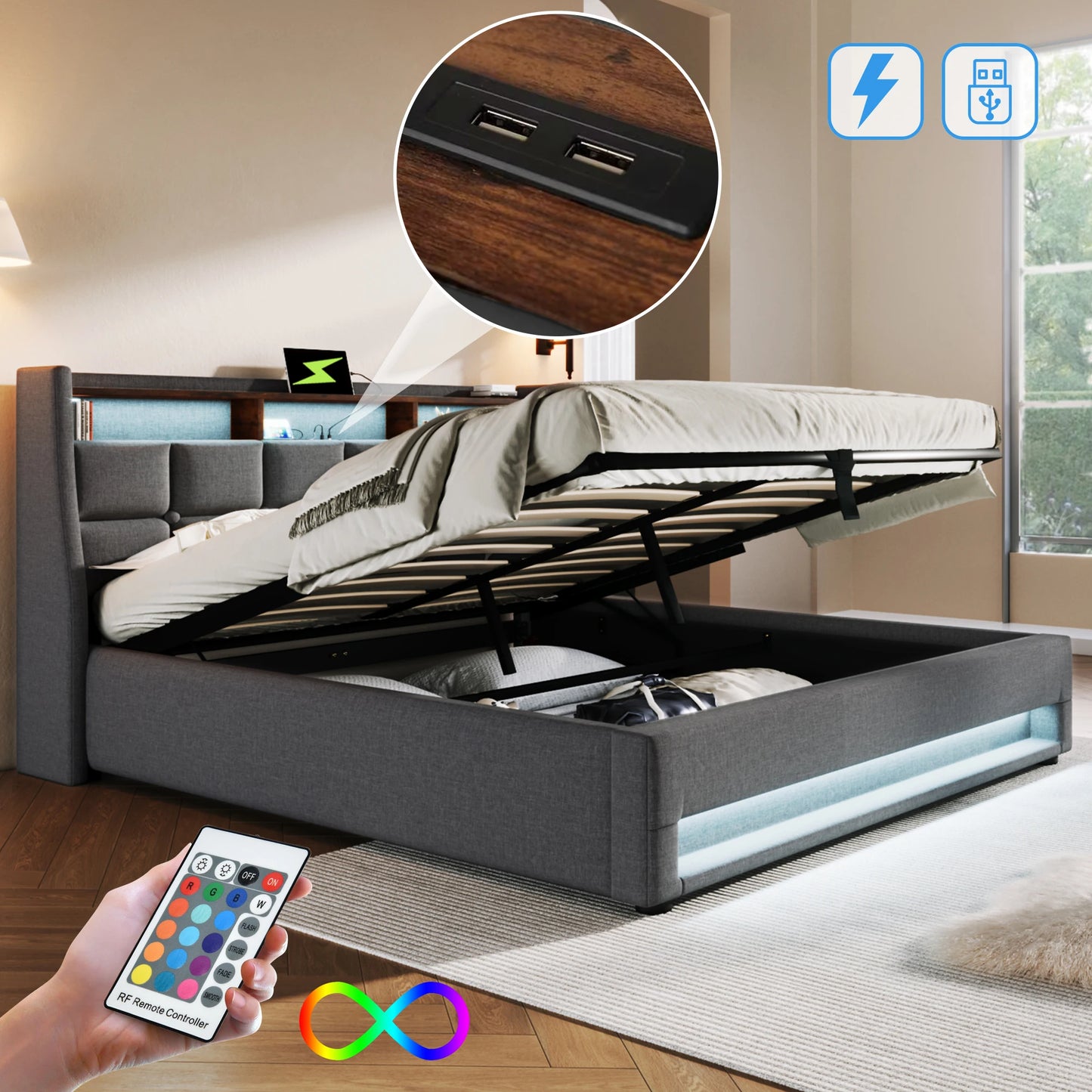 Gestoffeerd Bed – Linnen Bed – Tweepersoonsbed – Slaapkamer Meubel – Bedframe – 160x200 cm – Met Metalen Lattenbodem – Ingebouwde USB-poort & LED-Verlichting