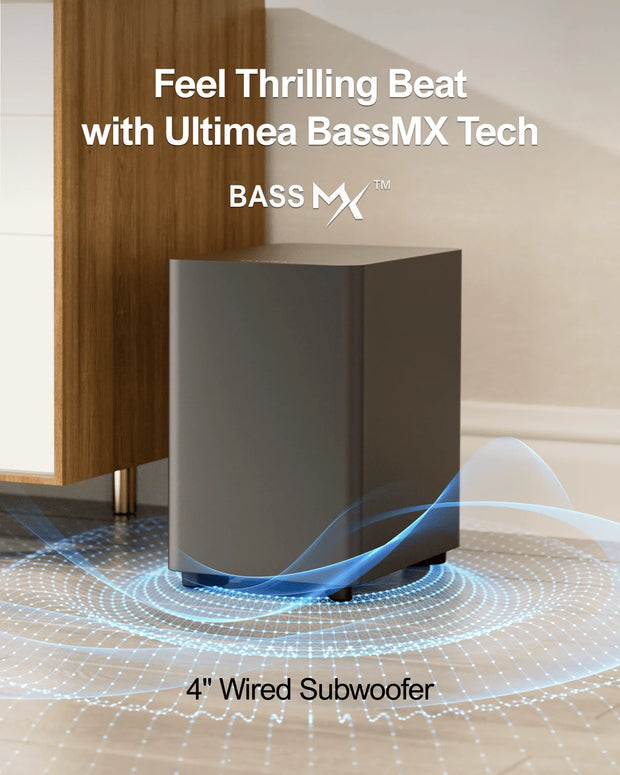 Soundbar - Soundbars for TV and Theater - Soundbar with Subwoofer - 7.1CH - Virtual Surround Soundbar - 330W Peak Power - 4 Surround Speakers - Smart App Control - Compatible with AUX - Optical Input - USB - EU Plug - Black