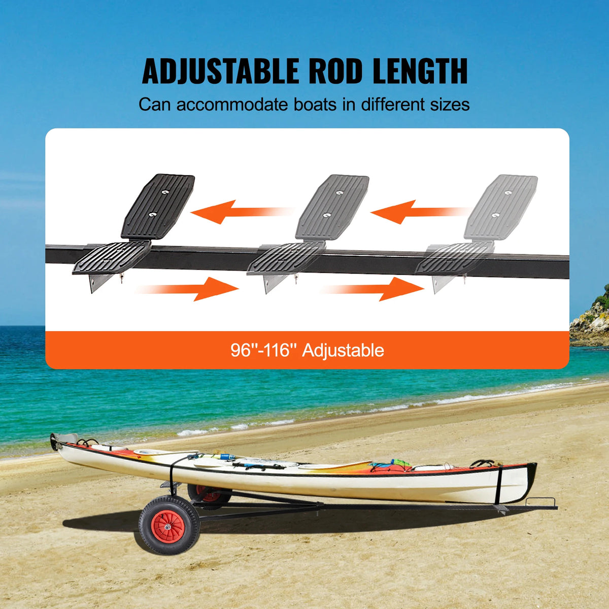 Vevor - Handtrailer Boat - Boottrailer Dolly - Dolly - Koolstofstaal - met 96''-116'' Verstelbare Lengte - 16'' Luchtbanden & Antislip Ondersteuningsbeugel - QUORE