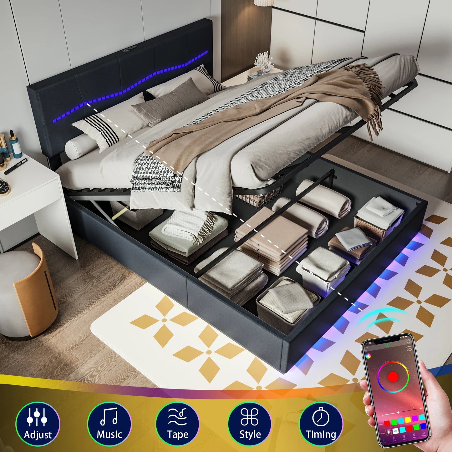 Opbergbed – Tweepersoonsbed – Gestoffeerd Bed – Hydraulisch Bed – Ledverlichting – Ruime Opbergruimte – PU-Leren Hoofdbord