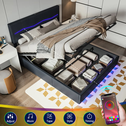 Opbergbed – Tweepersoonsbed – Gestoffeerd Bed – Hydraulisch Bed – Ledverlichting – Ruime Opbergruimte – PU-Leren Hoofdbord