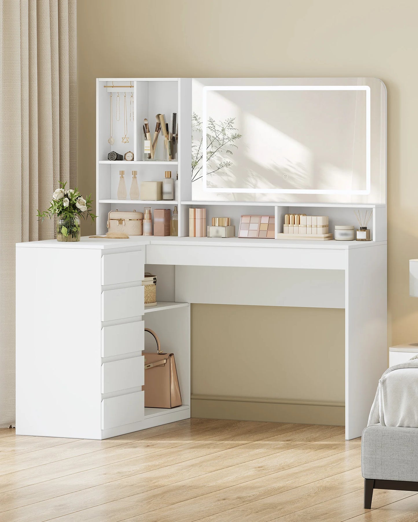 Make-up tafel – hoektoilet – kaptafel – beautytafel – make-up bureau – wit – verstelbare LED-verlichting – ruime opbergladen - QUORE