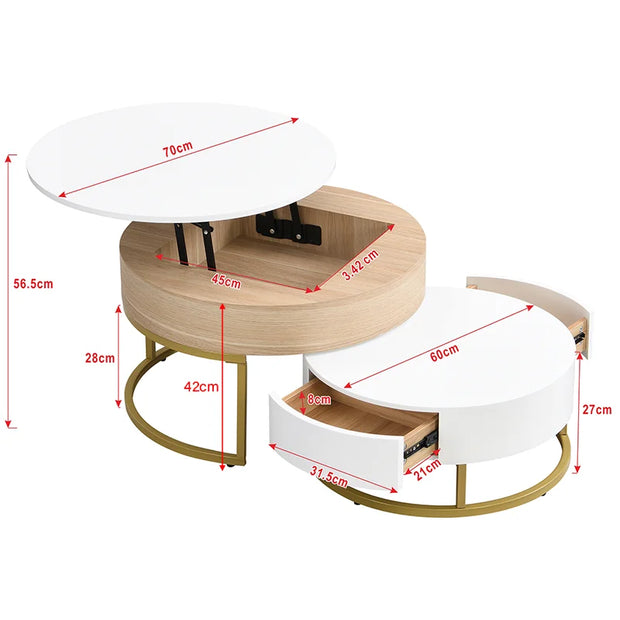 2-delige Salontafel Set - Wit &amp; Houtkleur - Inklapbare Nesting Tafel met 2 Lades - Verstelbare Hoogte - Woonkamer