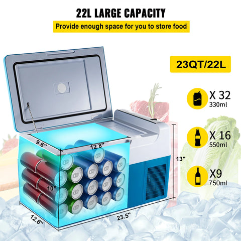 Mini koelkast - Mini koelkast voor drankjes - Mini auto koelkast - Draagbare compressor koeler - Mini koelkast voor op reis - 22L - 12/24V DC - 110-240V - 45W - Blauw
