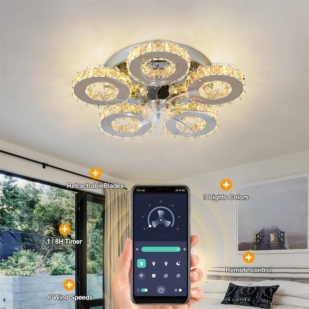 Plafond Ventilator Lamp - Smart Lamp - Dimbaar - Wit -Grijs - Kroonluchter Ventilator - Chandelier Fan - Woonkamer Lamp - Ventilator Lampen - Eetkamer lamp - Slaapkamer lamp - QUORE