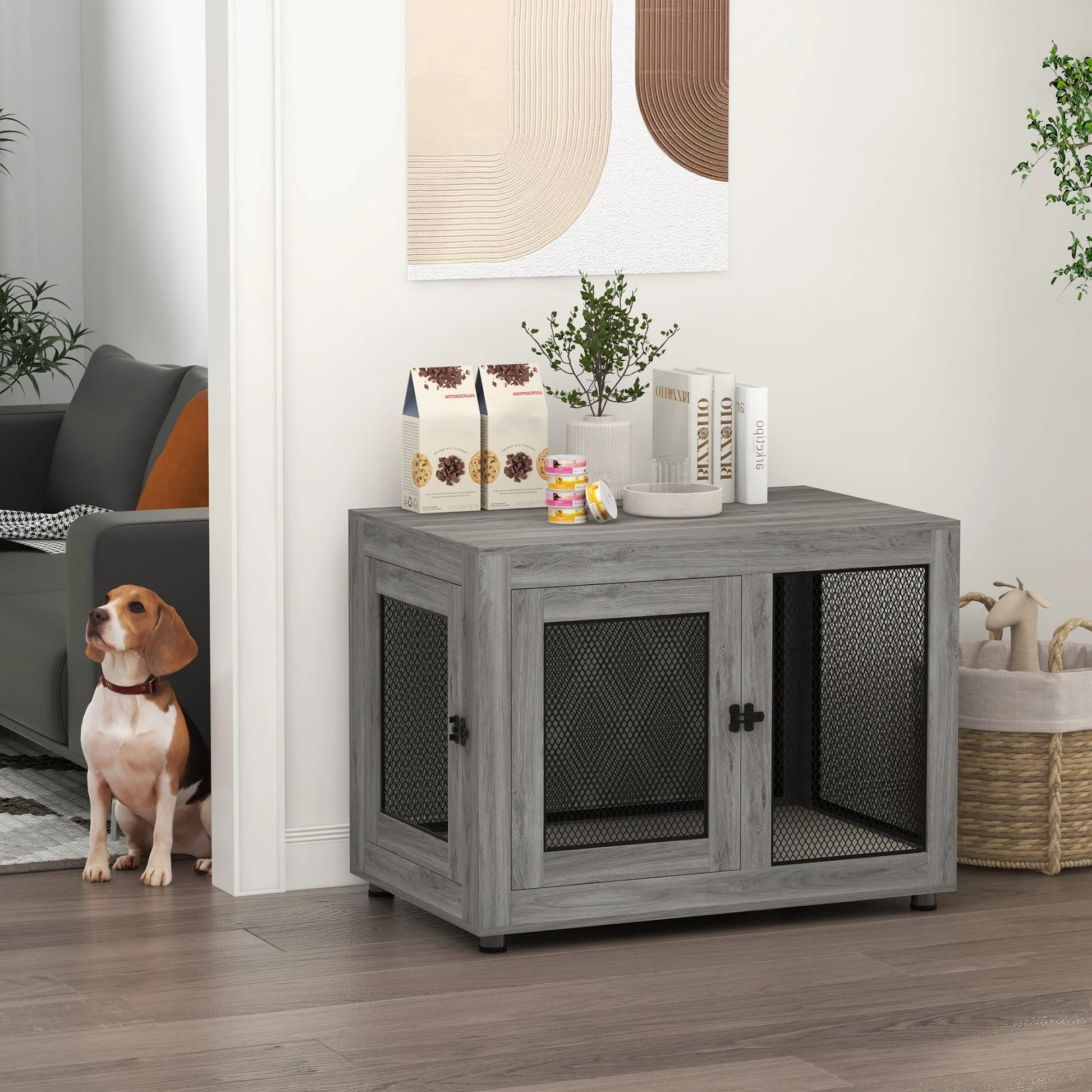 Hondenkennel – Hondenhok – Hondenbench – Hondenkooi – Bijzettafel – Grijs – Multifunctioneel 2-in-1 Ontwerp – Stevig Melamine Hout Met Ventilatie - QUORE