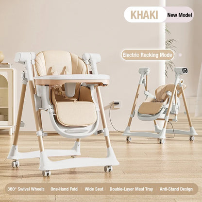 3-in-1 Baby Feeding Dining High Chair with Smooth Electric Swing and Convertible Reclining Bed Seat for Comfortable Eating Sleep