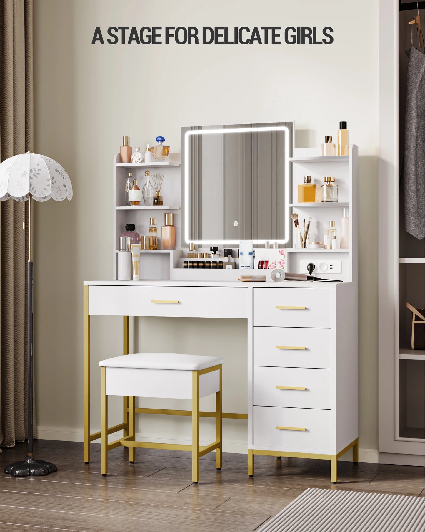 Make-up Tafel – Kaptafel – Schminktisch – Toelettafel – Dressing Table – Met LED-Verlichting en HD Spiegel – 108x40x140 cm – MDF Wit met 5 Lades en USB-stopcontact