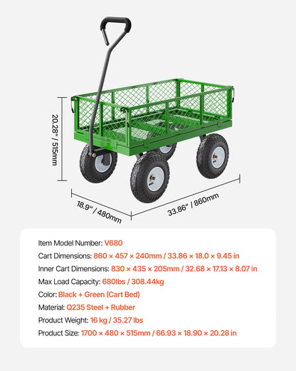 Tuinwagen - Tuinkar - Heavy-duty - 680 lb Draagkracht - 2-in-1 Plat- en - Hekwerkontwerp - 360° Draaibare Wielen - Voor Tuin - Erf en Magazijn - Ergonomische Handgreep - QUORE