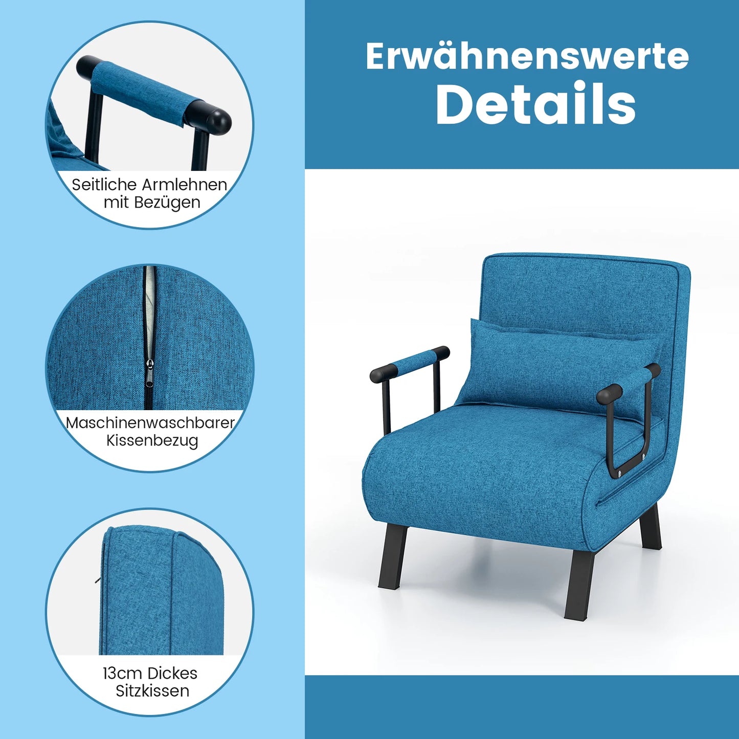 4-in-1 Opvouwbaar Slaapbank – Verstelbare Rugleuning – Verwijderbaar Kussen en Gewatteerde Zitting – Slaapbank met Metalen Frame – Draagvermogen tot 150 kg (Blauw) – Daybed