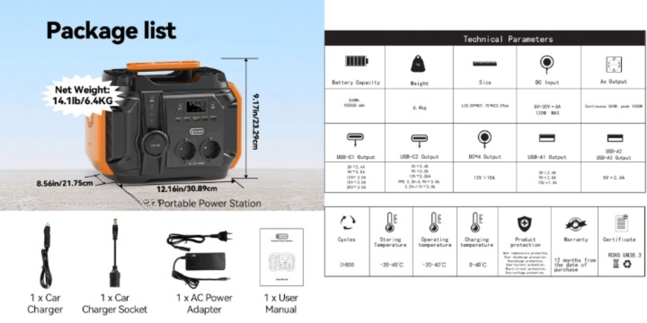 Powerstation - Stroomgenerator - Mini-Generator - Draagbare - Krachtcentrale - voor Thuis - Tenten - Buiten - Kamperen - 540Wh - 500W - AC 230V - 120W DC - Zwart/Oranje