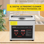 Vevor - Ultrasonic cleaner - Stainless steel - Portable - 33-40 kHz - 220V - Cleaning device for jewelry and glasses - Capacity 3L - Silver