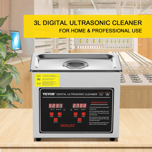 Vevor - Ultrasonic cleaner - Stainless steel - Portable - 33-40 kHz - 220V - Cleaning device for jewelry and glasses - Capacity 3L - Silver