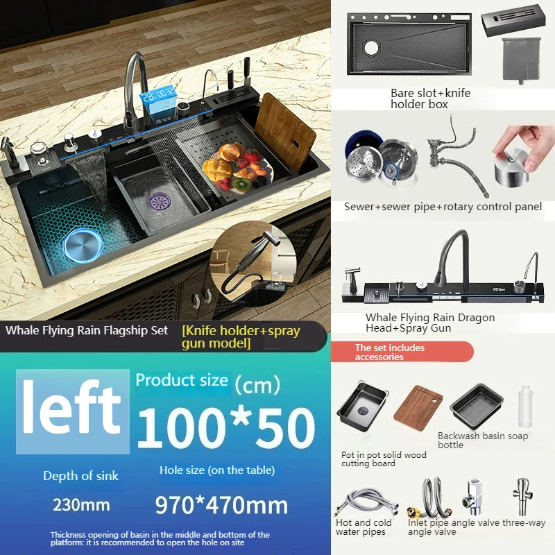 Golden Stainless Steel Waterfall Kitchen Sink Multifunctional Large Single Slot Digital Display Dishwashing Sinks