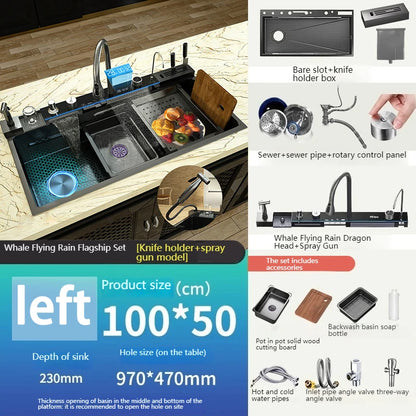 Golden Stainless Steel Waterfall Kitchen Sink Multifunctional Large Single Slot Digital Display Dishwashing Sinks