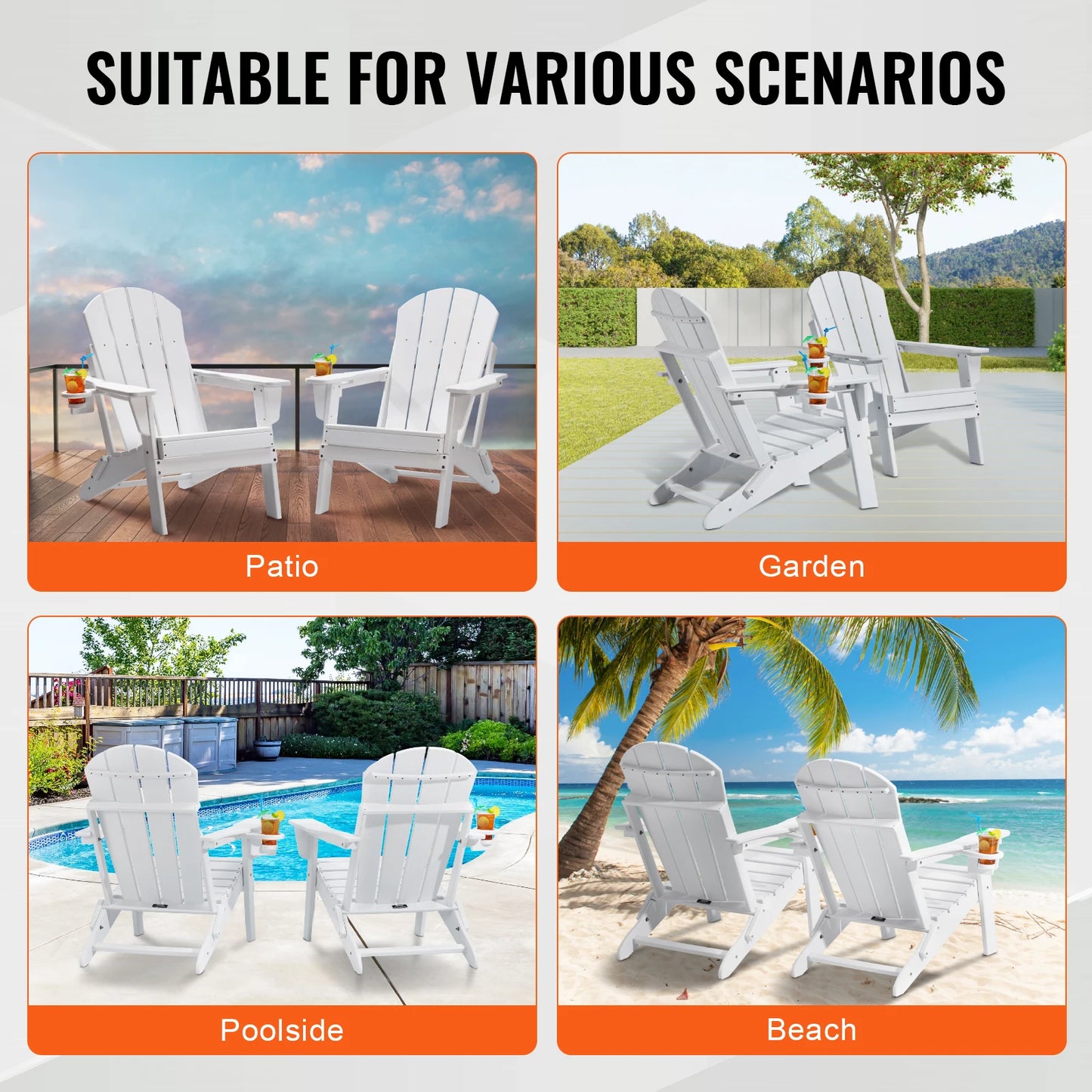 Adirondack - Adirondack Tuinstoel - Loungestoel - Stoel - Set van 2 All-Weather - Draagbare Opvouwbare Pitstoel - met Bekerhouder