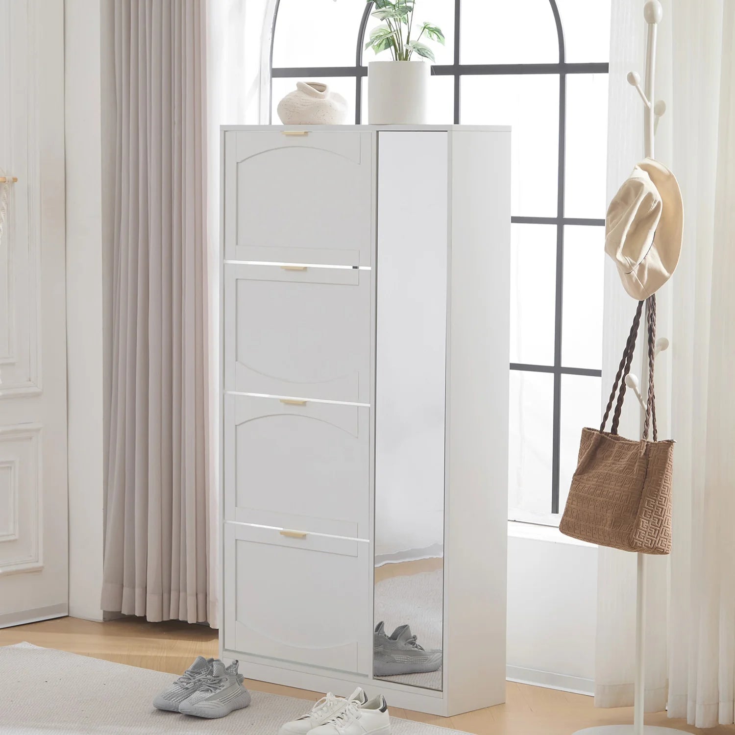 Schoenenkast – Schoenenrek – Schoenopberger – Schoenenmeubel – Spiegeldeur – Vier Uittrekbare Lades – Kantelbeveiliging - 80 x 24 x 147 cm - Wit - QUORE