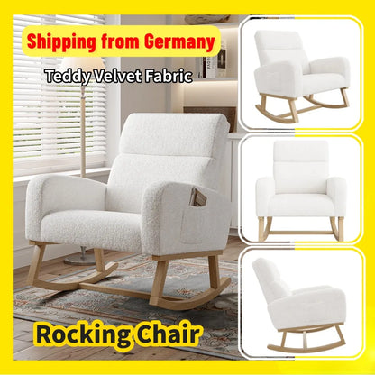 Schommelstoel – Fauteuil – Relaxstoel – Voedingsstoel – Woonkamerstoel – Teddy Velvet – Extra Brede Zitting – Zijvakjes