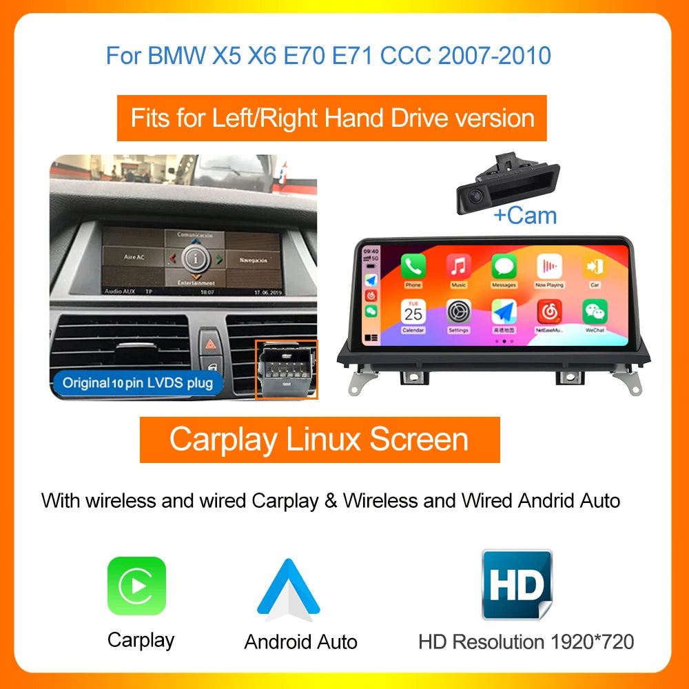 AUTOTOP 10.25" 1920*720P Car Stereo Radio for BMW X5 E70 X6 E71 Wireless CarPlay Android Auto Linux Car Multimedia Player GPS BT