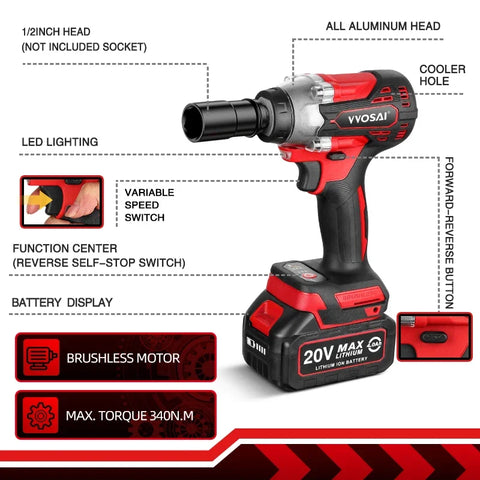 WS-L3-C1-1P - Impact Wrench - Impact Wrenches With 2 Batteries of 36V 4.0 Ah - Cordless Impact Wrench - Impact Wrench with Battery - Red