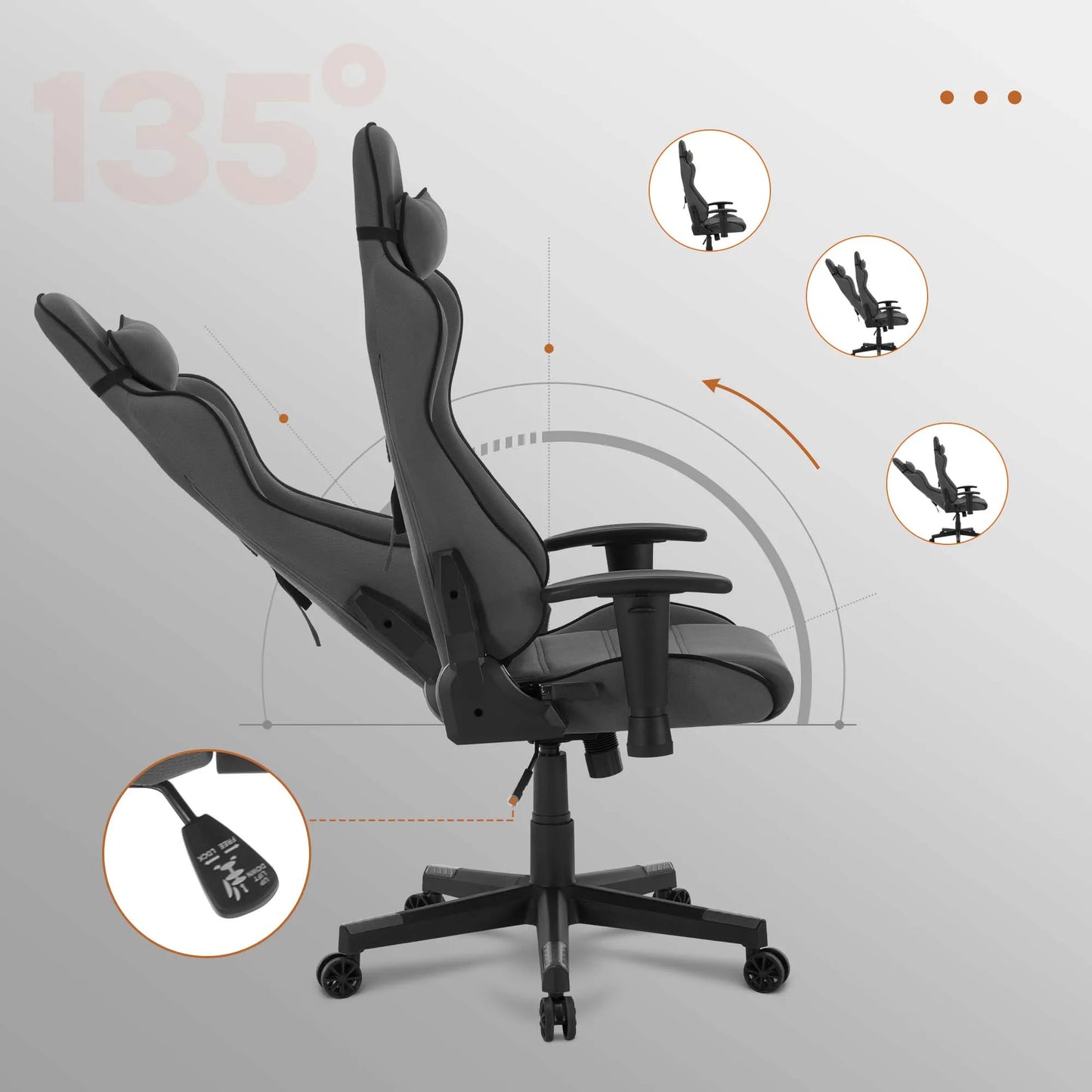 Gaming Stoel - Racing - Bureau - Ergonomische Mesh - Verstelbare - met Hoofdsteun - Nekkussen - Lendensteun - 135° Kantelfunctie - Ademend Textiel – Tot 150 kg - Zwart en Grijs