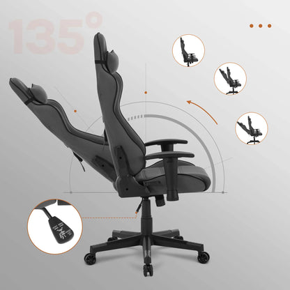 Gaming Stoel - Racing - Bureau - Ergonomische Mesh - Verstelbare - met Hoofdsteun - Nekkussen - Lendensteun - 135° Kantelfunctie - Ademend Textiel – Tot 150 kg - Zwart en Grijs