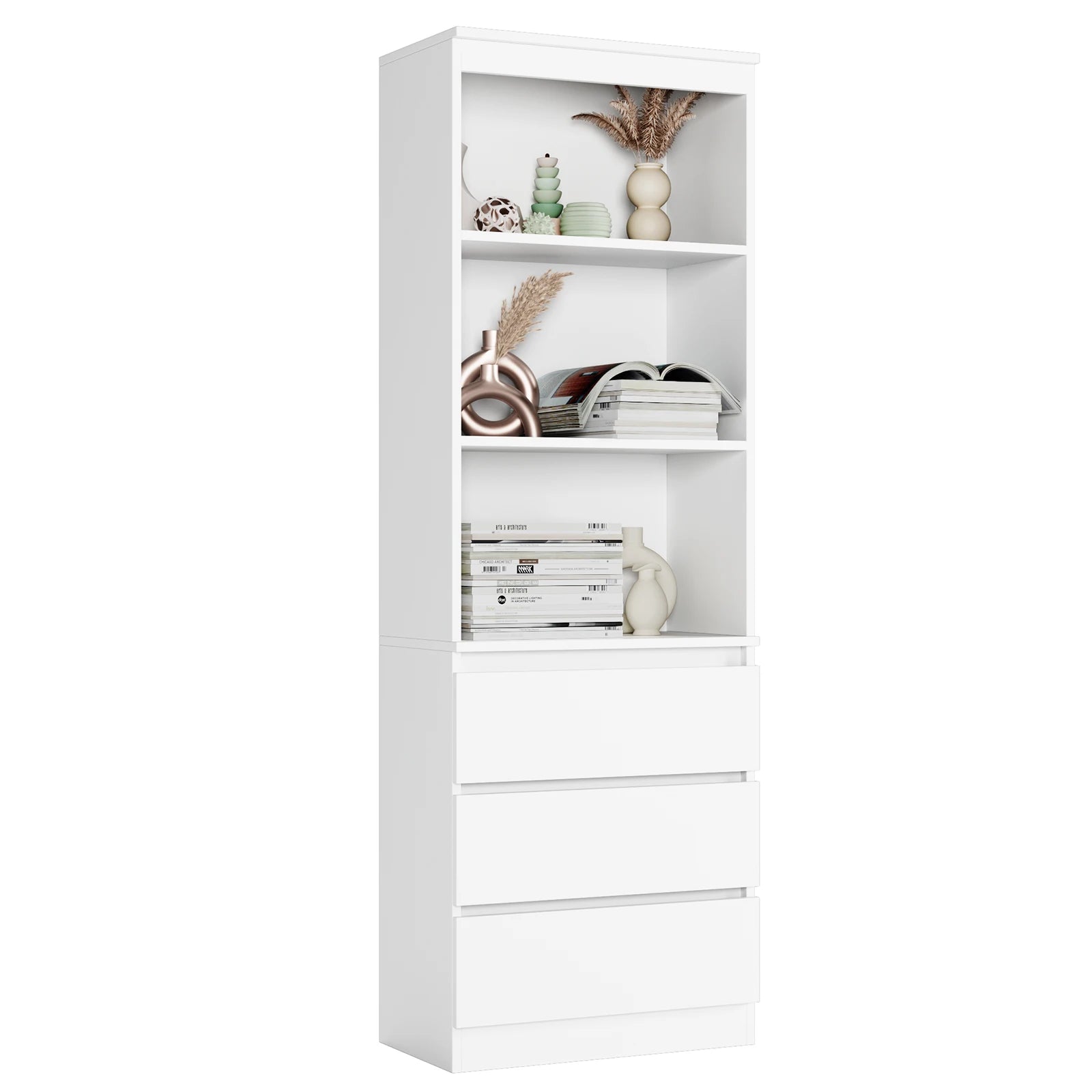 Boekenkast - Kast - Hoge Kasten - Boekenkasten - Boekenrek - Opbergkast met 3 Laden en 3 Planken - Vrijstaande Opbergkast - voor Woonkamer - Zwart - QUORE