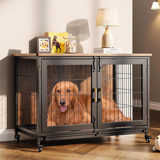 Hondenbench – Hondenkooi – Hondenhok – Hondenmand – Hondenkooi Metalen Bench – Dubbele Deuren – Verwijderbare Bodemtray – Wieltjes Met Rem – Staal – Voor Kleine en Middelgrote Honden