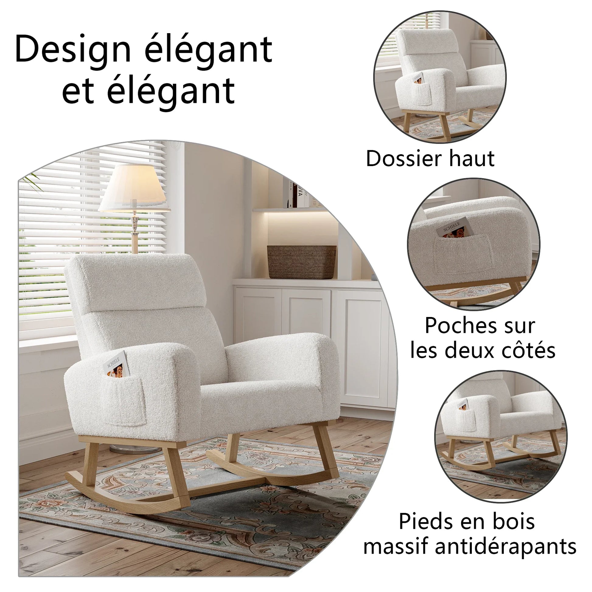 Schommelstoel – Schommelzetel – Relaxstoel – Wiegstoel – Ergonomisch Ontwerp – Houten Constructie - 69.2 x 78.5 x 87 cm - Wit - QUORE