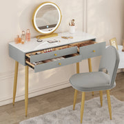 Kaptafel - Make-Up Tafel - Kaptafel Set met Verlichte Spiegel – Verstelbare LED – Make-up Tafel met 3 Lades - Fluwelen Stoel – Moderne Slaapkamermeubel - Tafel 100x40x122cm - Stoel 44x47x80cm - Grijs