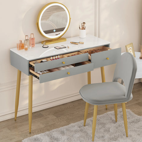 Kaptafel - Make-Up Tafel - Kaptafel Set met Verlichte Spiegel – Verstelbare LED – Make-up Tafel met 3 Lades - Fluwelen Stoel – Moderne Slaapkamermeubel - Tafel 100x40x122cm - Stoel 44x47x80cm - Grijs