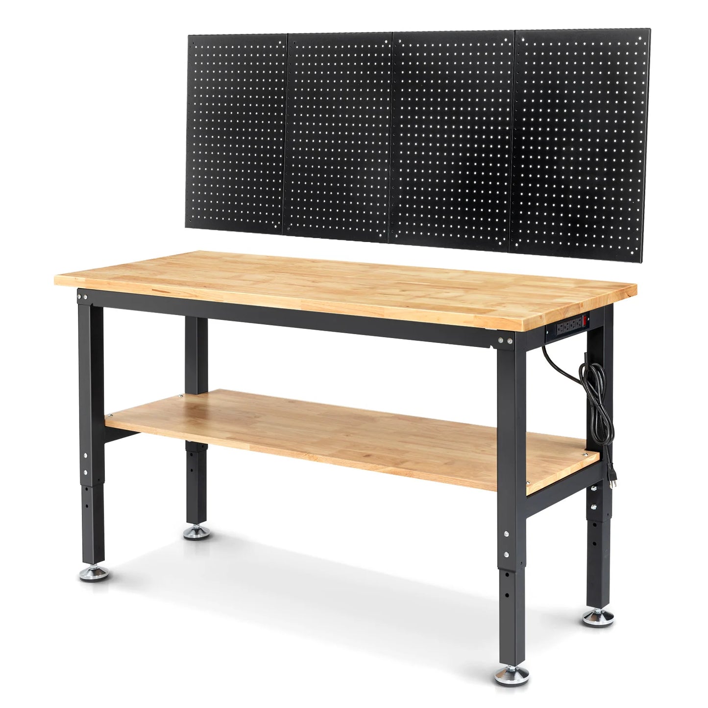 Verstelbare Werkbank - Werktafel - Industriële Werkbank - 60inch - Rubberen Houten Werktafel - met Metalen Pegboard - en 2-Laags Opslag - Grote Werktafel - voor Houtbewerking - en Klussen