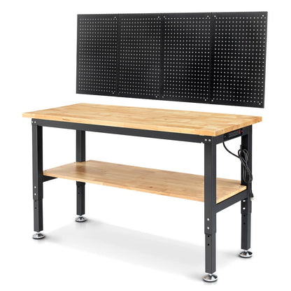 Verstelbare Werkbank - Werktafel - Industriële Werkbank - 60inch - Rubberen Houten Werktafel - met Metalen Pegboard - en 2-Laags Opslag - Grote Werktafel - voor Houtbewerking - en Klussen