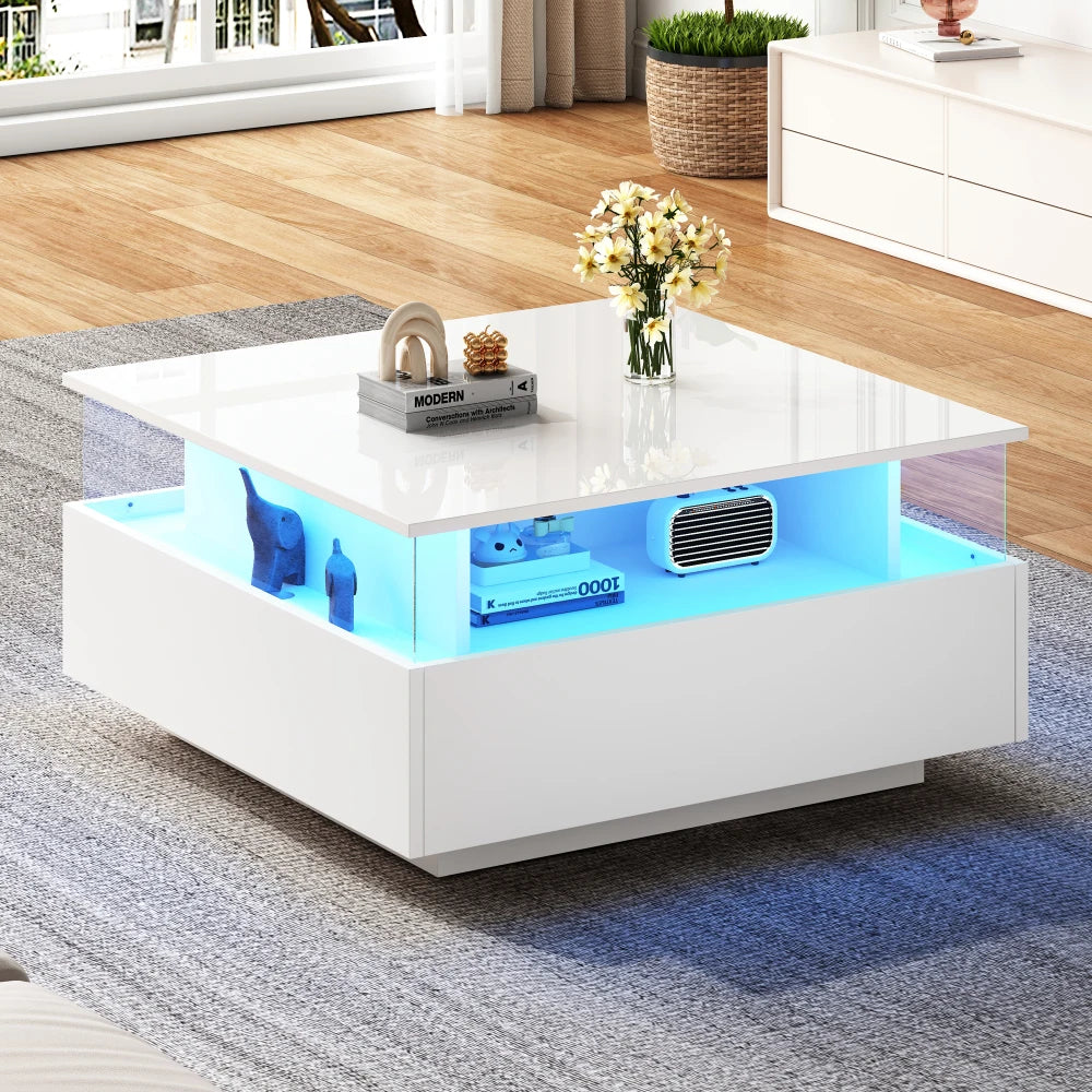 Salontafel – Koffietafel – Tafel – Woonkamertafel – Bijzettafel – Hoogglans Wit – LED-Verlichting Met Kleurcontrole – 70 x 70 x 41 cm – Twee Lades – Transparant Presentatievak – Max. 30 kg Belastbaar