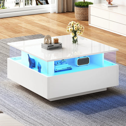Salontafel – Koffietafel – Tafel – Woonkamertafel – Bijzettafel – Hoogglans Wit – LED-Verlichting Met Kleurcontrole – 70 x 70 x 41 cm – Twee Lades – Transparant Presentatievak – Max. 30 kg Belastbaar