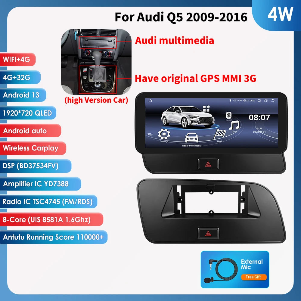 Hizpo AI Voice WIFI 4G-LTE Android 14Car Radio for Audi Q5 2009-2016 Multimedia Video Player GPS 2din BT Autoradio